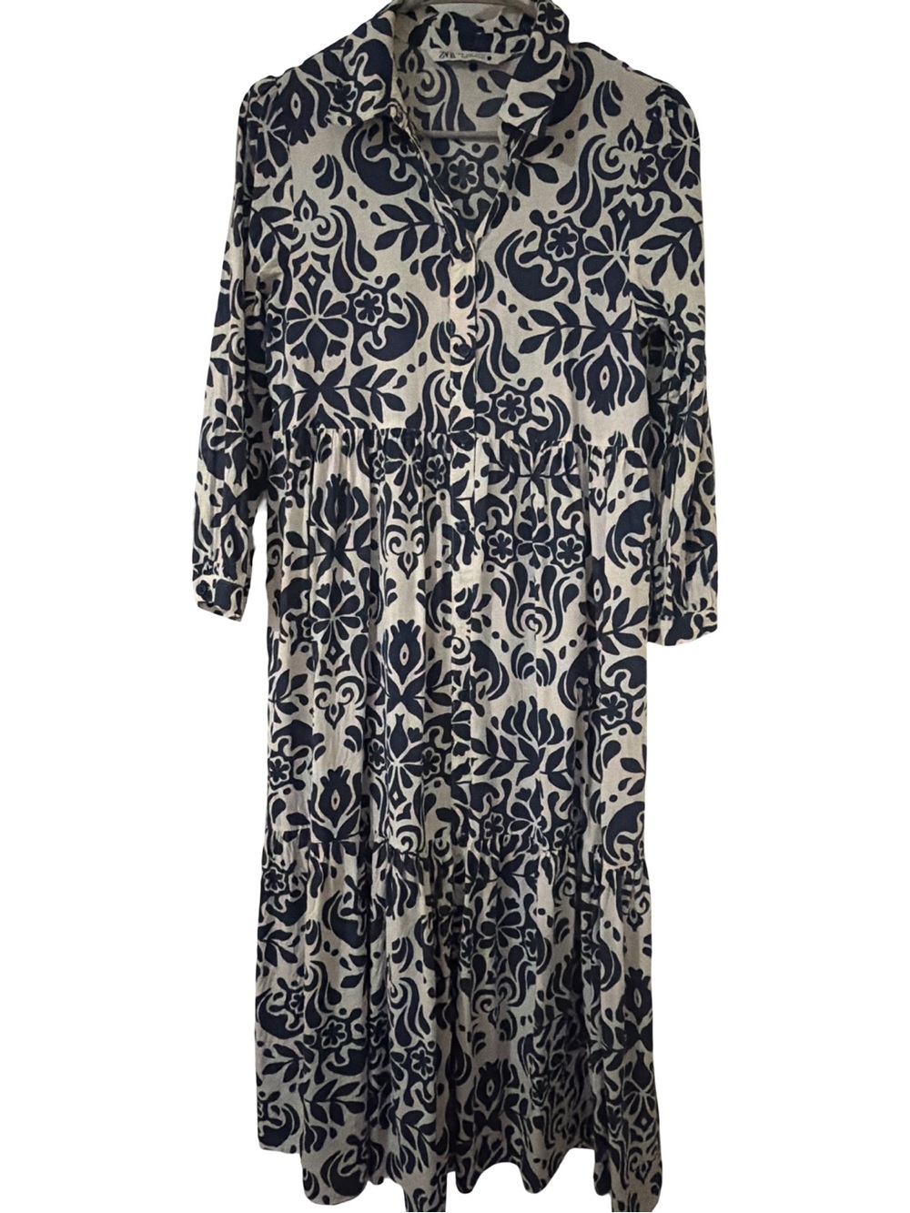 Zara Navy and Cream Floral Tiered Button-Front Maxi Dress